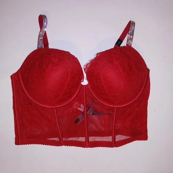 Victoria Secret Bra Push Up Red Silver Shine Strap Logo Lace Long Line Very Sexy Bras